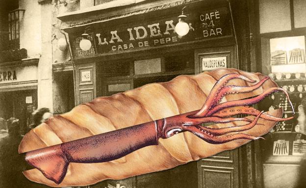 Composición del bar La Ideal, de la calle Botoneras, en Madrid, y un pan con calamar./A. V.