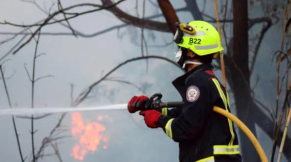 Un bombero lojeño extinguiendo un fuego. /FOTO JORGE MARTINEZ MAROTO